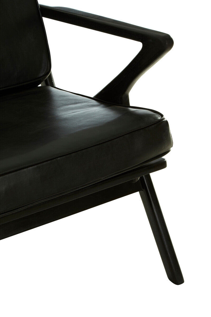 Kendari Black Leather and Teak Wood Frame Armchair