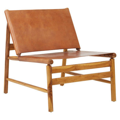 Kendari Brown Leather and Teak Modern Sling Chair