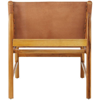 Kendari Brown Leather and Teak Modern Sling Chair