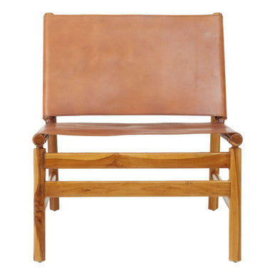 Kendari Brown Leather and Teak Modern Sling Chair