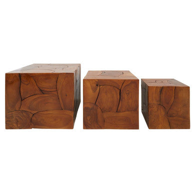 Surak Set of 3 Solid Teak Wood Side Tables and Stools