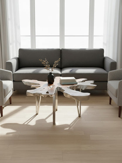 Silver Teak Wood Star Top Coffee Table with Steel Legs | Surak