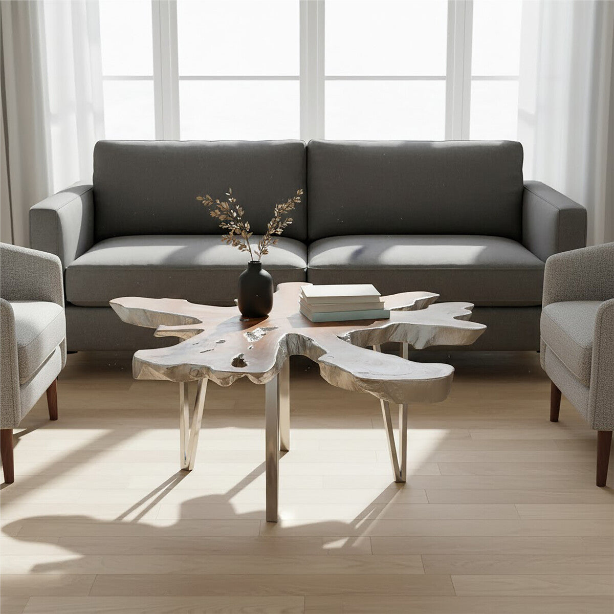 Silver Teak Wood Star Top Coffee Table with Steel Legs | Surak