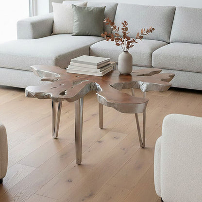 Silver Teak Wood Star Top Coffee Table with Steel Legs | Surak