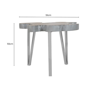 Silver Teak Wood Top Medium Side Table with Stainless Steel Legs | Surak