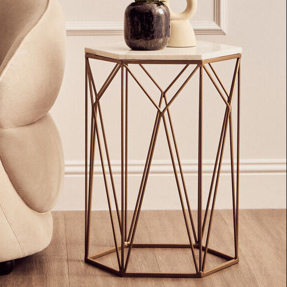 White Marble Top Side Table with Geometric Open Frame Gold Metallic Base | Shalimar