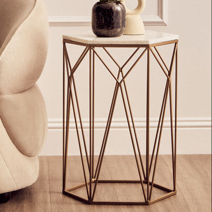 White Marble Top Side Table with Geometric Open Frame Gold Metallic Base | Shalimar