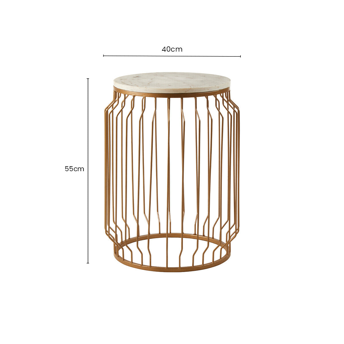 White Marble Top Round Side Table with Reflective Gold Wireframe Metallic Base | Shalimar