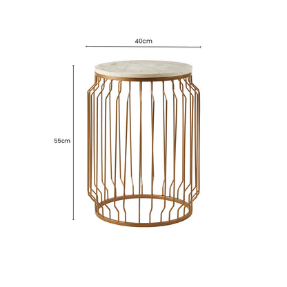 White Marble Top Round Side Table with Reflective Gold Wireframe Metallic Base | Shalimar