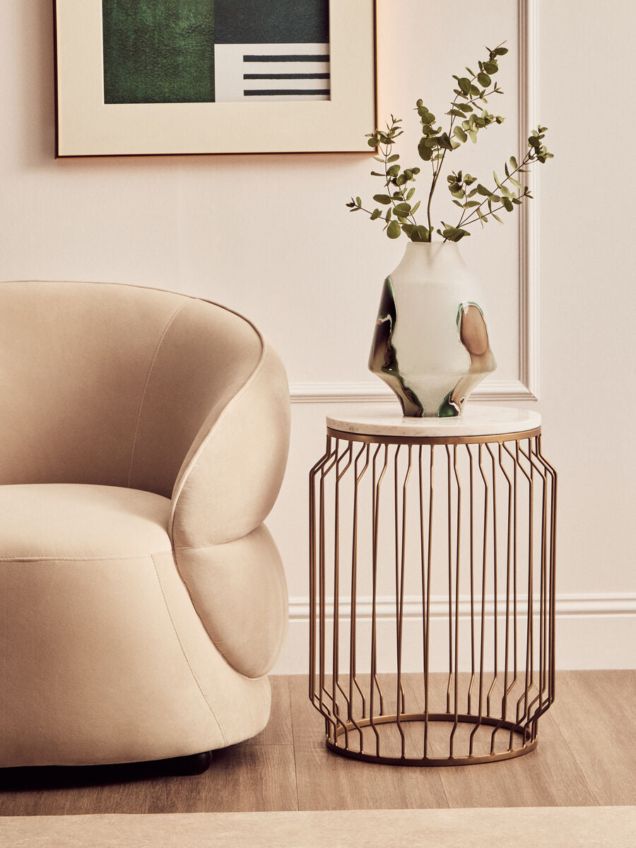 White Marble Top Round Side Table with Reflective Gold Wireframe Metallic Base | Shalimar