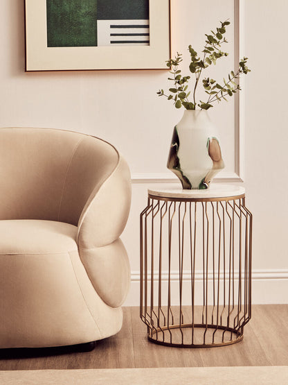 White Marble Top Round Side Table with Reflective Gold Wireframe Metallic Base | Shalimar