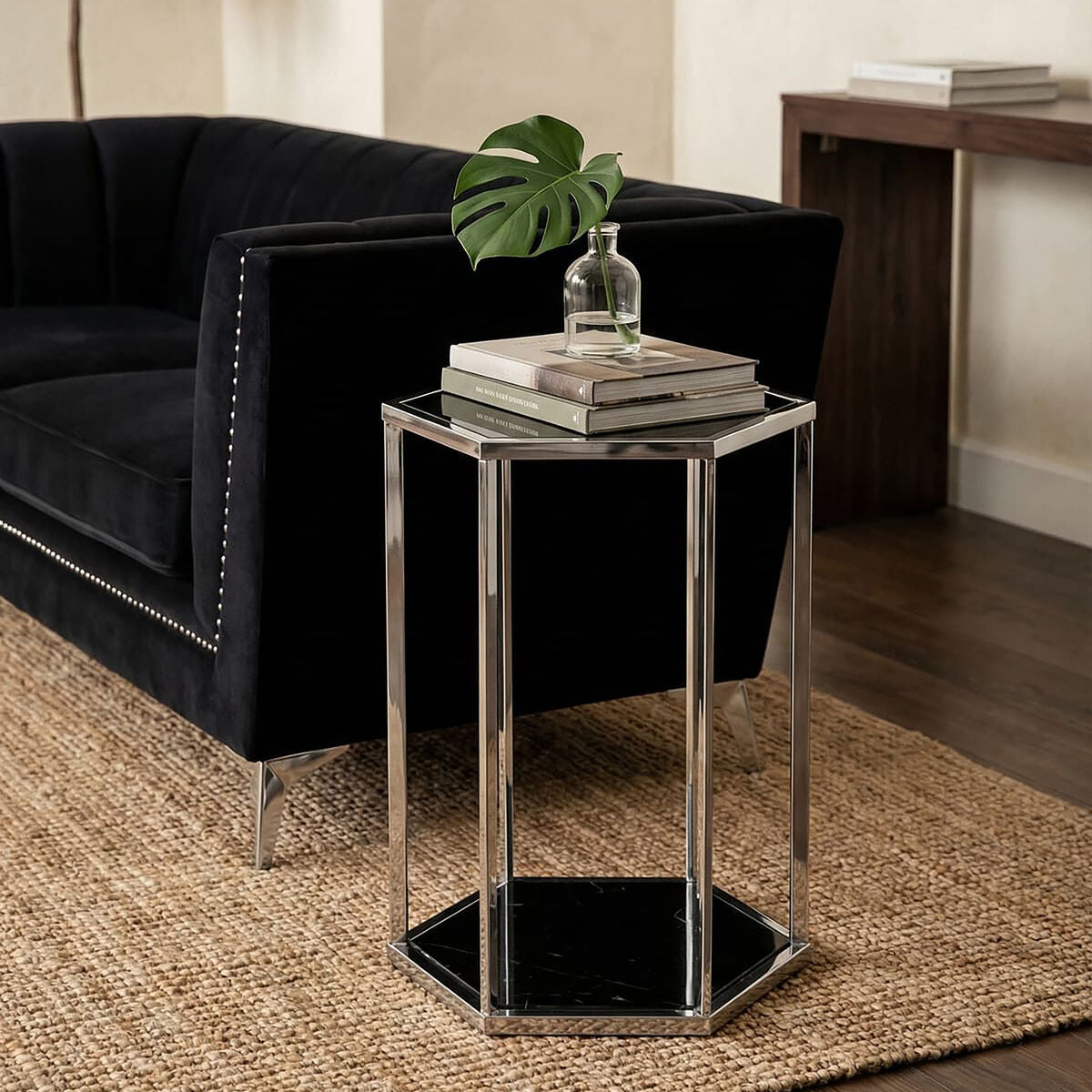Hexagonal End Table with Black Marble Top and Bottom and Silver Finish Stainless Steel Frame | Piermount
