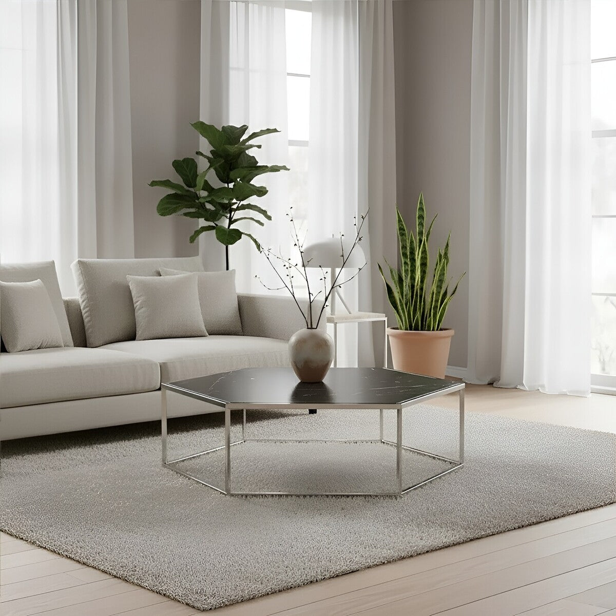 Silver Stainless Steel Frame Hexagon Coffee Table with Black Marble Top | Piermount
