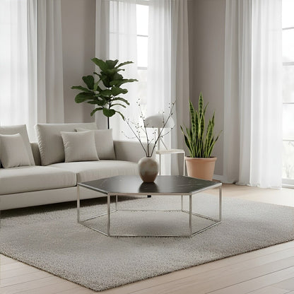 Silver Stainless Steel Frame Hexagon Coffee Table with Black Marble Top | Piermount