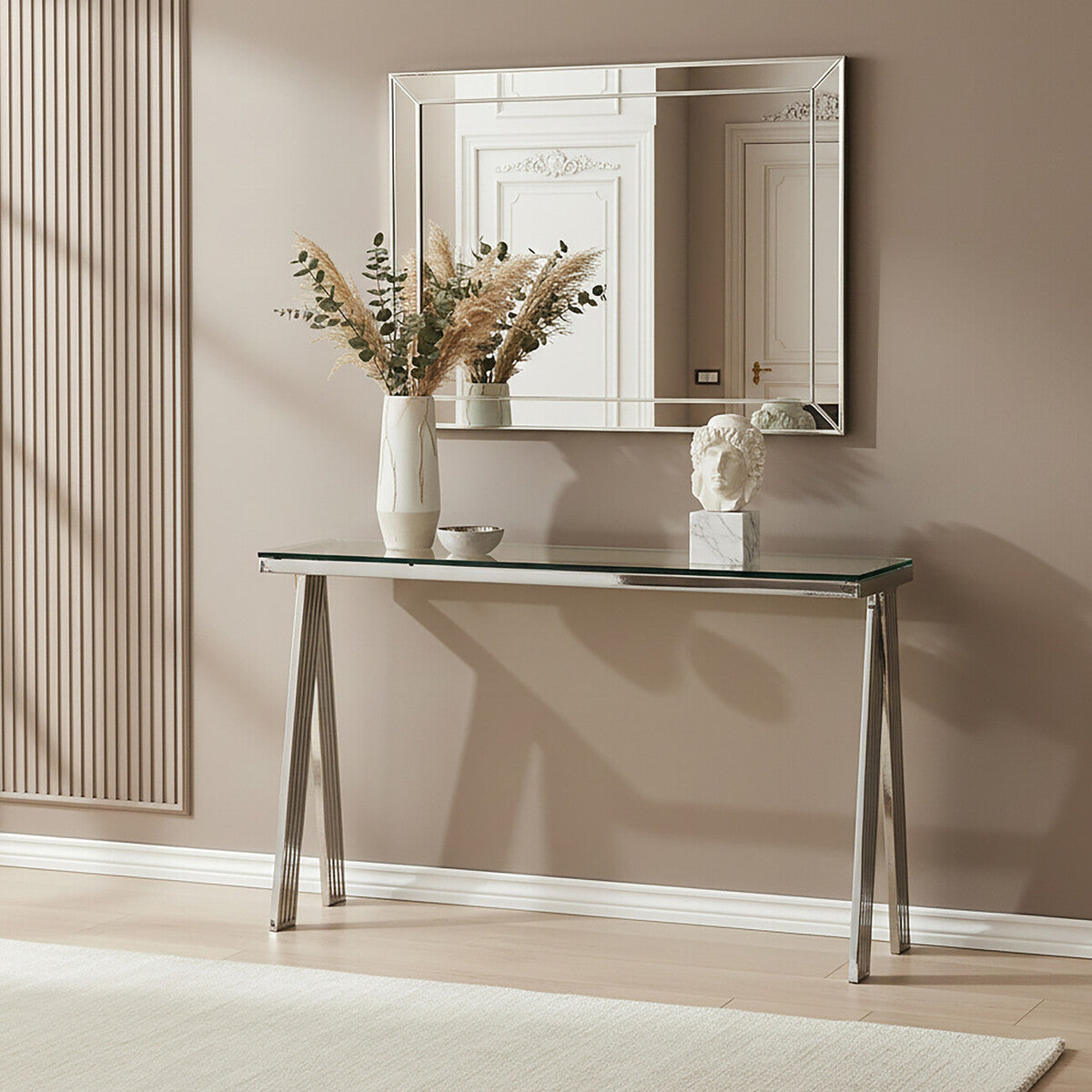Clear Glass Top Console Table with Silver Finish Stainless Steel Base | Piermount