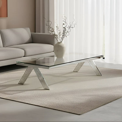 Clear Glass Top Rectangular Coffee Table with Silver Finish Stainless Steel Slim Lines Frame | Piermount