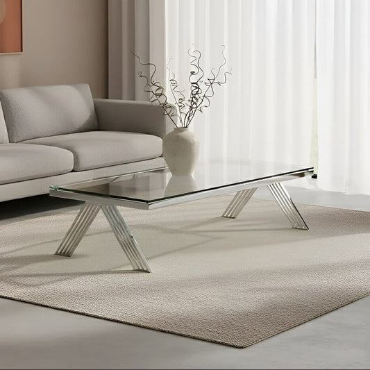 Clear Glass Top Rectangular Coffee Table with Silver Finish Stainless Steel Slim Lines Frame | Piermount