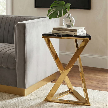 Black Marble Top End Table with Gold-Finished Steel Three Angled Legs and Triangular Base | Piermount