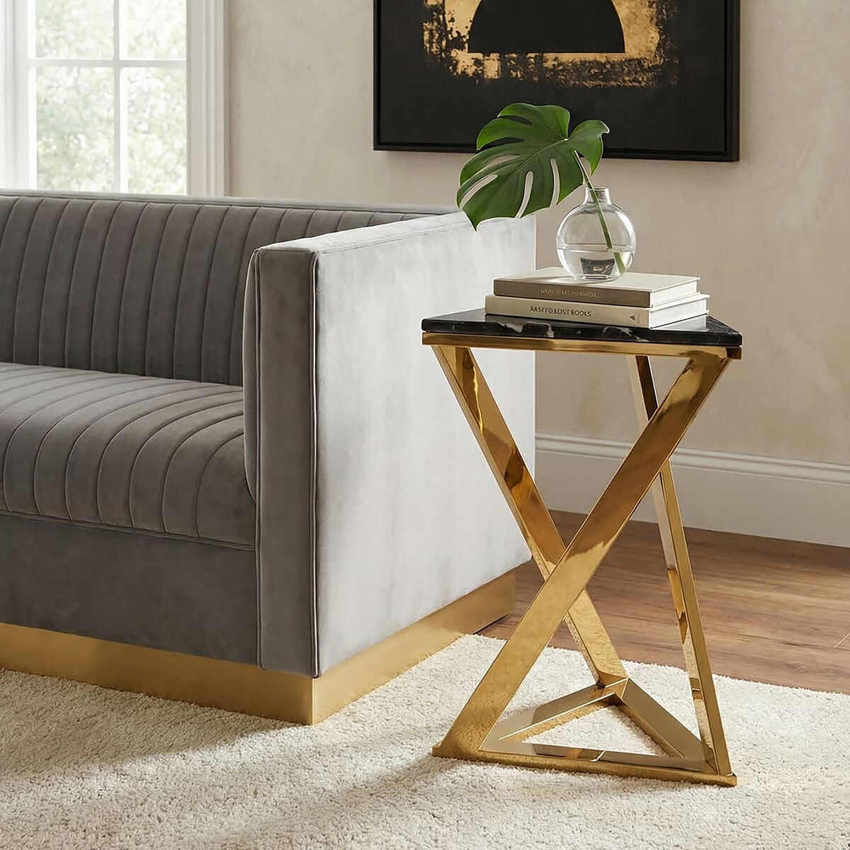 Black Marble Top End Table with Gold-Finished Steel Three Angled Legs and Triangular Base | Piermount