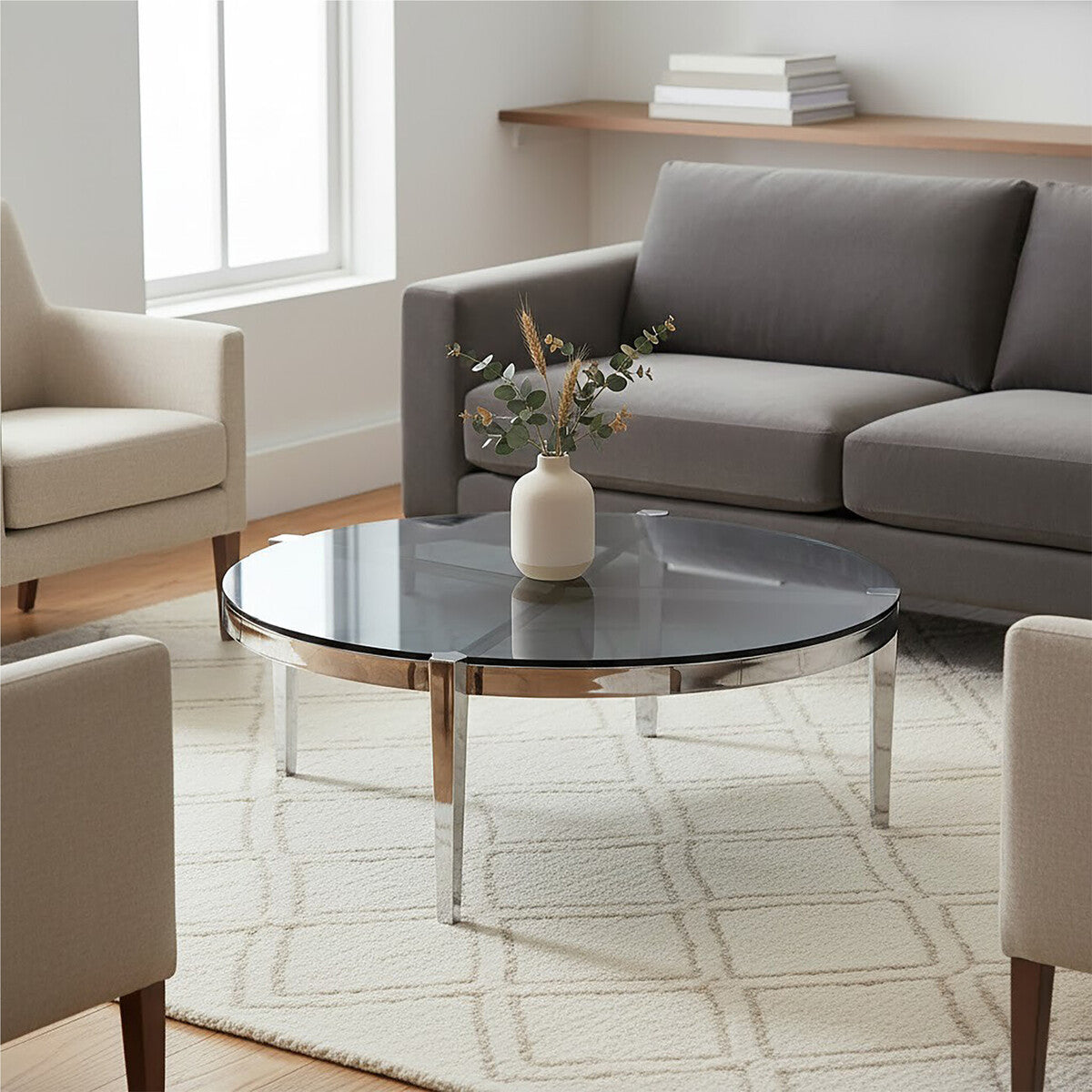 Round Coffee Table with Smoky Grey Glass Top | Piermount