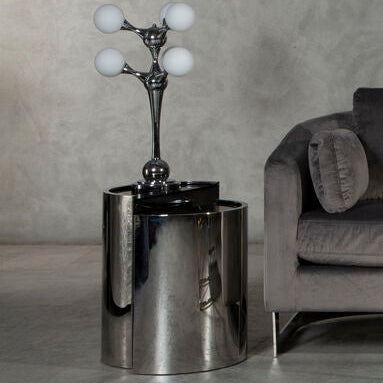 Set of 2 Semicircular Black Glass Top End Tables with Silver Finish Steel Frame | Piermount