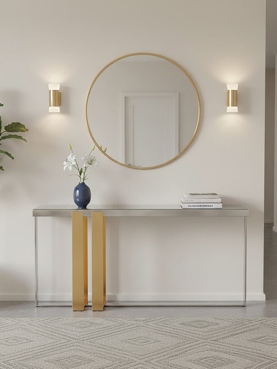 Frosted Glass Console Table with Gold and Silver Finish Frame | Demas
