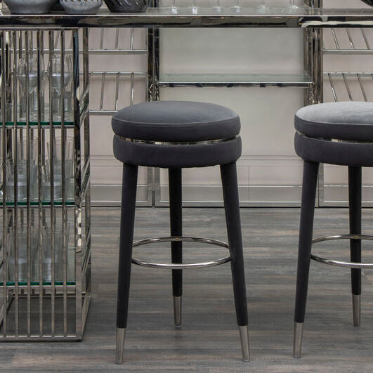 Grey Velvet Bar Stool with Rubberwood Legs | Manhattan