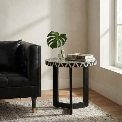 Black and White Top Bone Inlay Side Table with Black 3 Cross-Leg Base | Boho