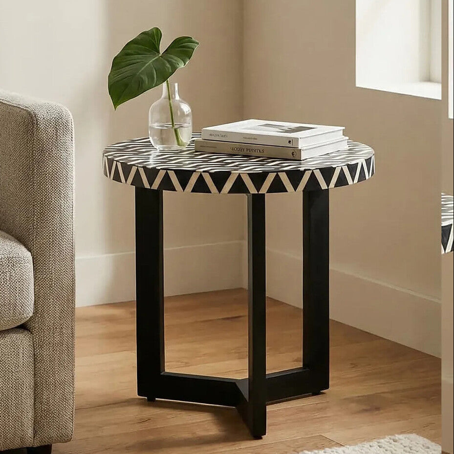 Black and White Top Bone Inlay Side Table with Black 3 Cross-Leg Base | Boho