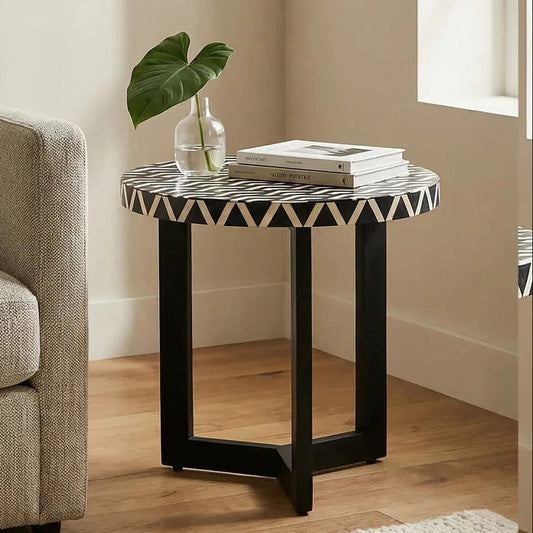 Black and White Top Bone Inlay Side Table with Black 3 Cross-Leg Base | Boho