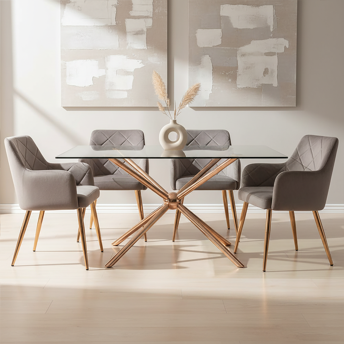 Mink Velvet Quilted Dining Chair with Gold Finish Legs | Tamzin
