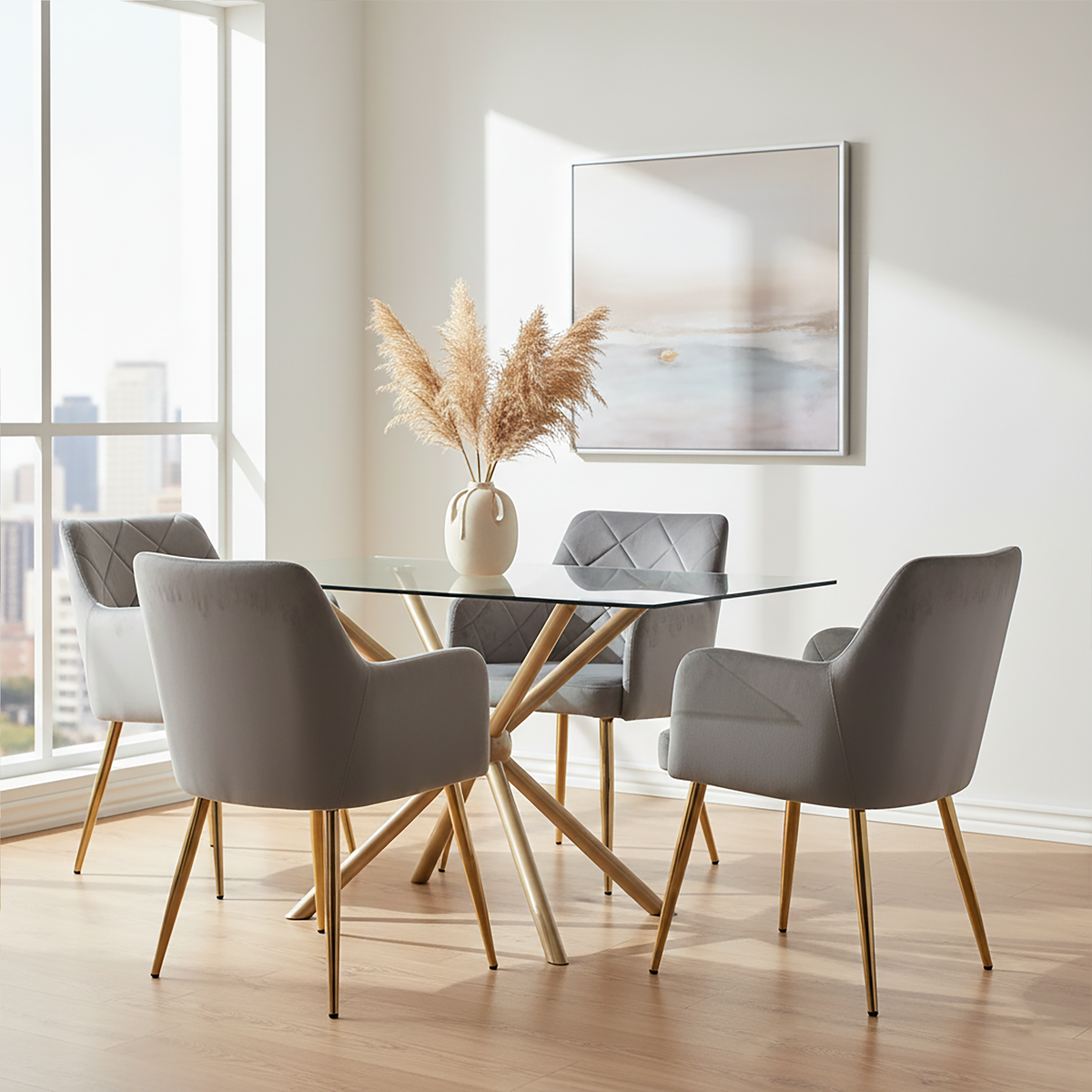 Mink Velvet Quilted Dining Chair with Gold Finish Legs | Tamzin