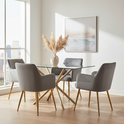 Mink Velvet Quilted Dining Chair with Gold Finish Legs | Tamzin