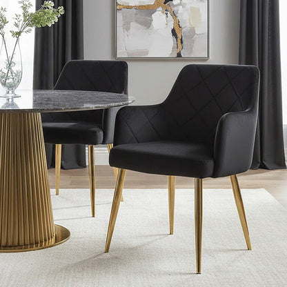 Black Velvet Quilted Dining Chair with Gold Finish Legs | Tamzin