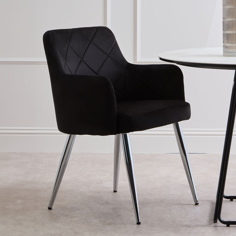 Black Velvet Quilted Dining Chair with Chrome Finish Legs | Tamzin