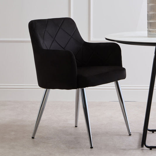 Black Velvet Quilted Dining Chair with Chrome Finish Legs | Tamzin