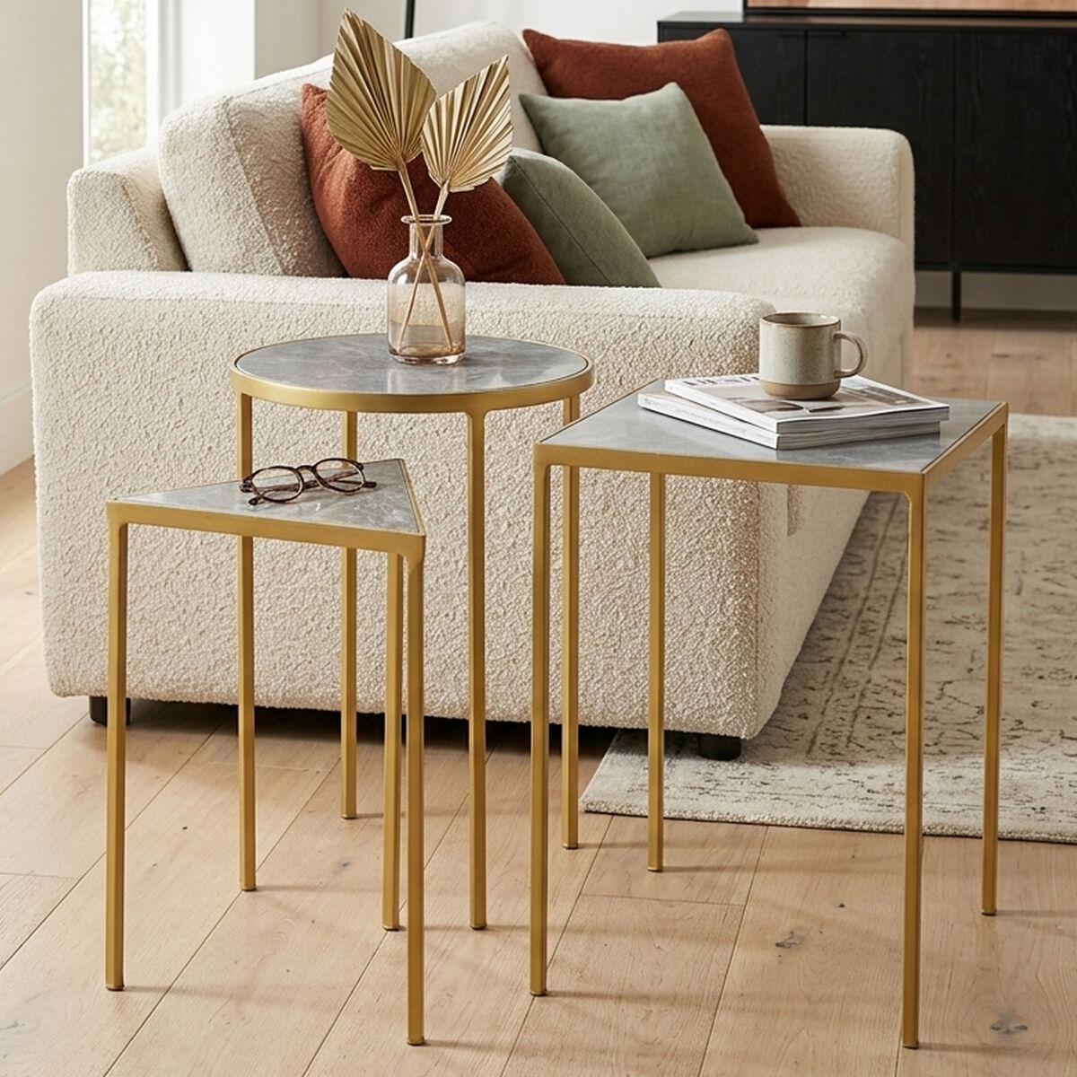 Grey Marble Top and Antique Brass Finish Set of 3 Nesting Tables | Rabia