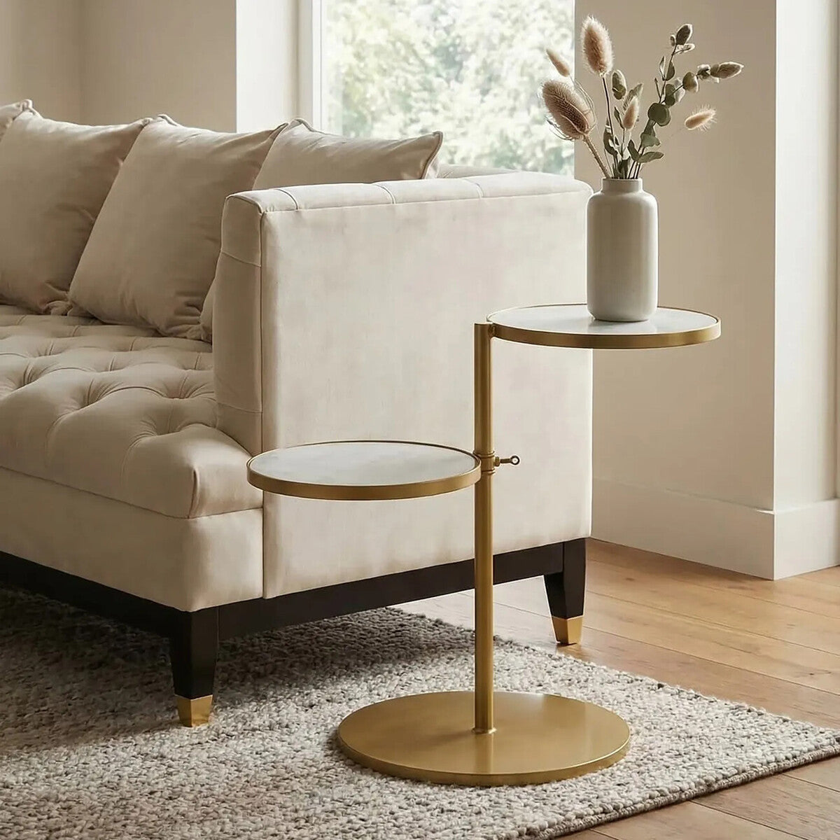 Gold Finish 2 Shelves Side Table with White Marble Tops | Rabia