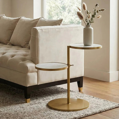 Gold Finish 2 Shelves Side Table with White Marble Tops | Rabia