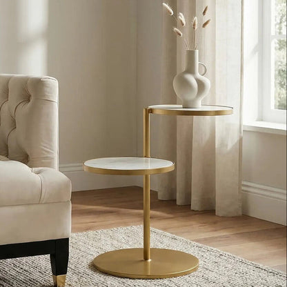Gold Finish 2 Shelves Side Table with White Marble Tops | Rabia