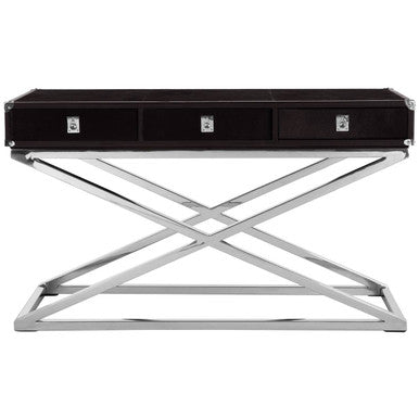 Black Hair-On-Leather Wood Top and Silver-Finished Frame Console Table with 3 Drawers | Kensington Townhouse