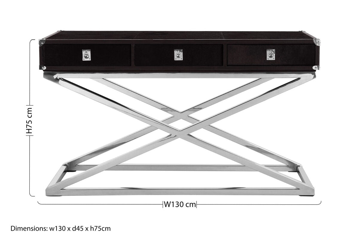 Black Hair-On-Leather Wood Top and Silver-Finished Frame Console Table with 3 Drawers | Kensington Townhouse