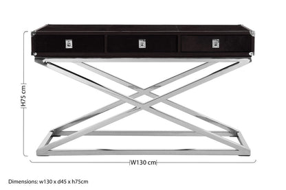 Black Hair-On-Leather Wood Top and Silver-Finished Frame Console Table with 3 Drawers | Kensington Townhouse
