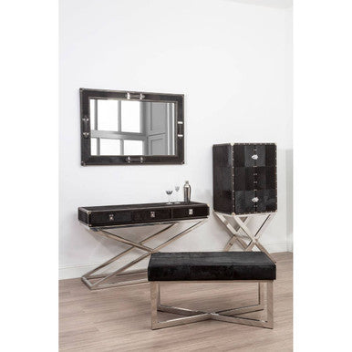 Black Hair-On-Leather Wood Top and Silver-Finished Frame Console Table with 3 Drawers | Kensington Townhouse