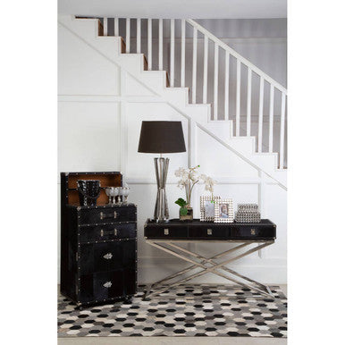 Black Hair-On-Leather Wood Top and Silver-Finished Frame Console Table with 3 Drawers | Kensington Townhouse