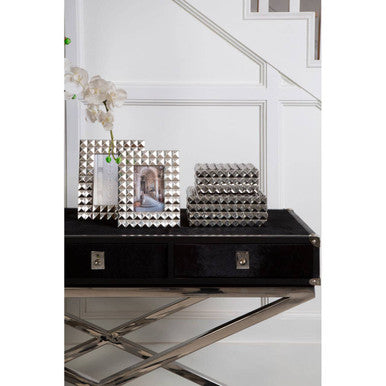 Black Hair-On-Leather Wood Top and Silver-Finished Frame Console Table with 3 Drawers | Kensington Townhouse