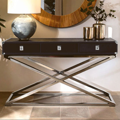Black Hair-On-Leather Wood Top and Silver-Finished Frame Console Table with 3 Drawers | Kensington Townhouse