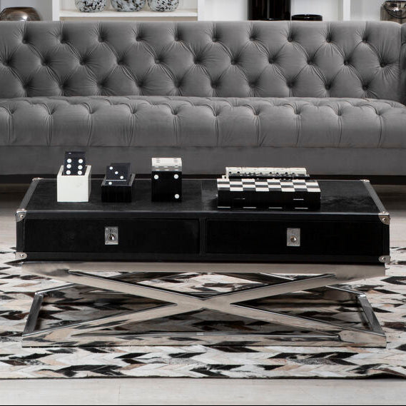 Black Hair-On-Hide Wood Top and Silver-Finished Frame Console Table with 2 Drawers | Kensington Townhouse