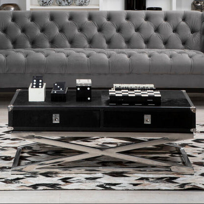 Black Hair-On-Hide Wood Top and Silver-Finished Frame Console Table with 2 Drawers | Kensington Townhouse