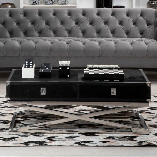Black Hair-On-Hide Wood Top and Silver-Finished Frame Console Table with 2 Drawers | Kensington Townhouse